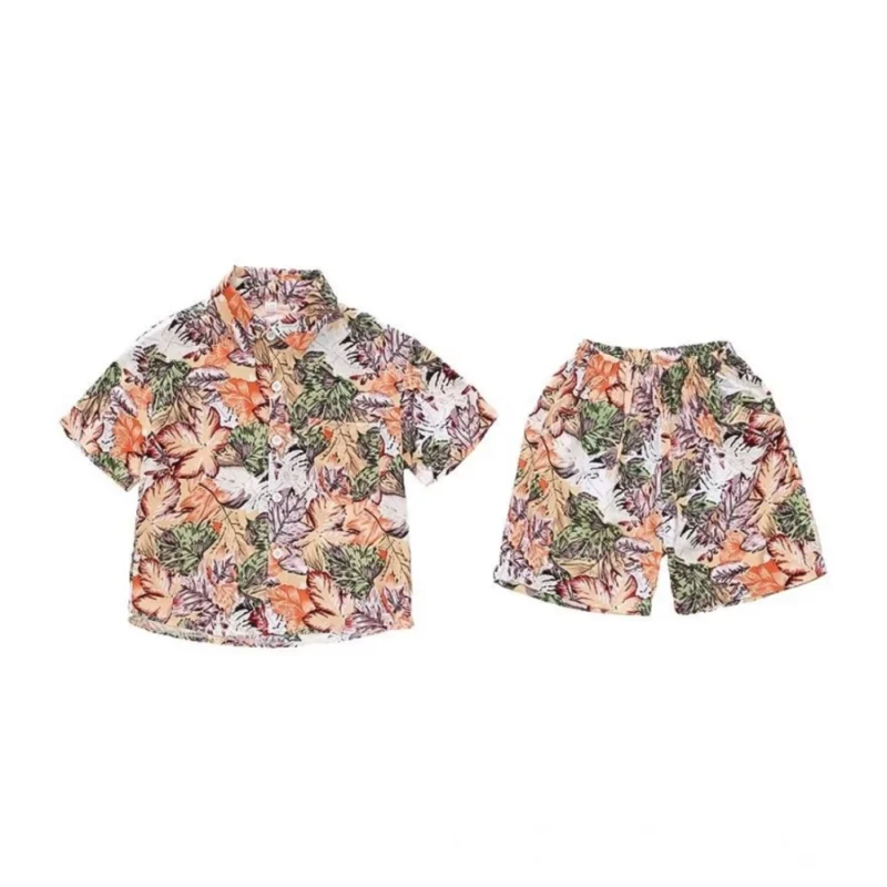 Generic Kid's Lycra Printed Casual wear Shirt And Shorts Set (Orange)