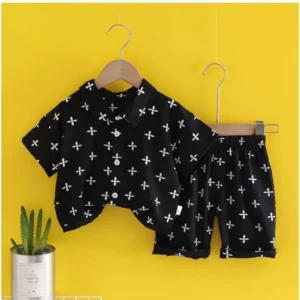 Generic Kid's Lycra Printed Casual wear Shirt And Shorts Set (Black)
