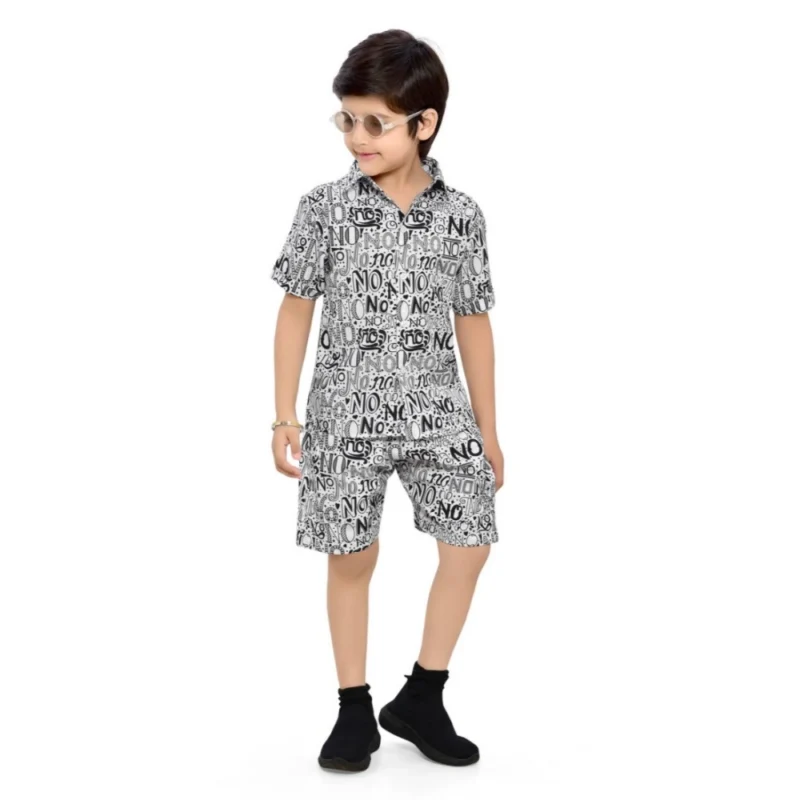 Generic Kid's Lycra Printed Casual wear Shirt And Shorts Set (White)