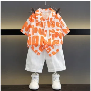 Generic Kid's Lycra Printed Casual wear Shirt And Shorts Set (Orange)