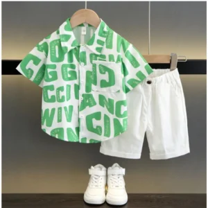 Generic Kid's Lycra Printed Casual wear Shirt And Shorts Set (Green)