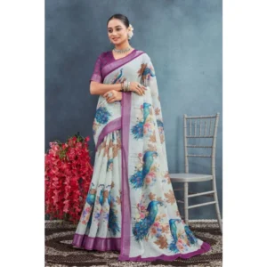 Generic Women's Linen Floral Printed Saree With Unstitched Blouse 5.5Mtr (Magenta)