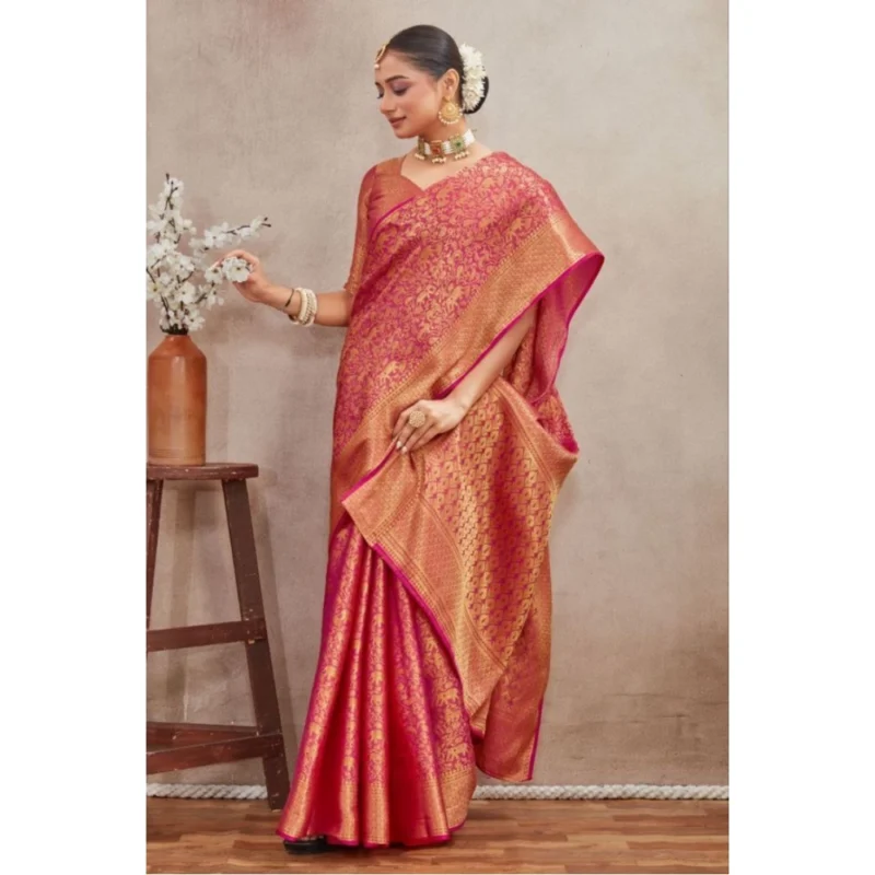 Generic Women's Silk Blend Floral Printed Saree With Unstitched Blouse 5.5Mtr (Pink) - Image 4