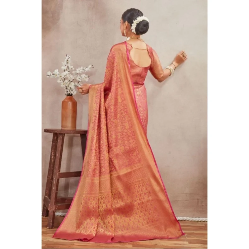 Generic Women's Silk Blend Floral Printed Saree With Unstitched Blouse 5.5Mtr (Peach) - Image 3