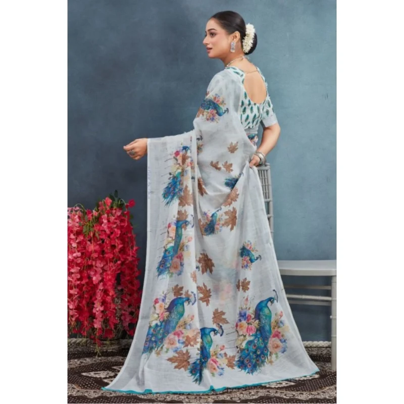 Generic Women's Linen Floral Printed Saree With Unstitched Blouse 5.5Mtr (Off-White) - Image 4