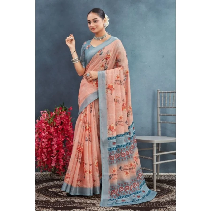 Generic Women's Linen Floral Printed Saree With Unstitched Blouse 5.5Mtr (Orange) - Image 2