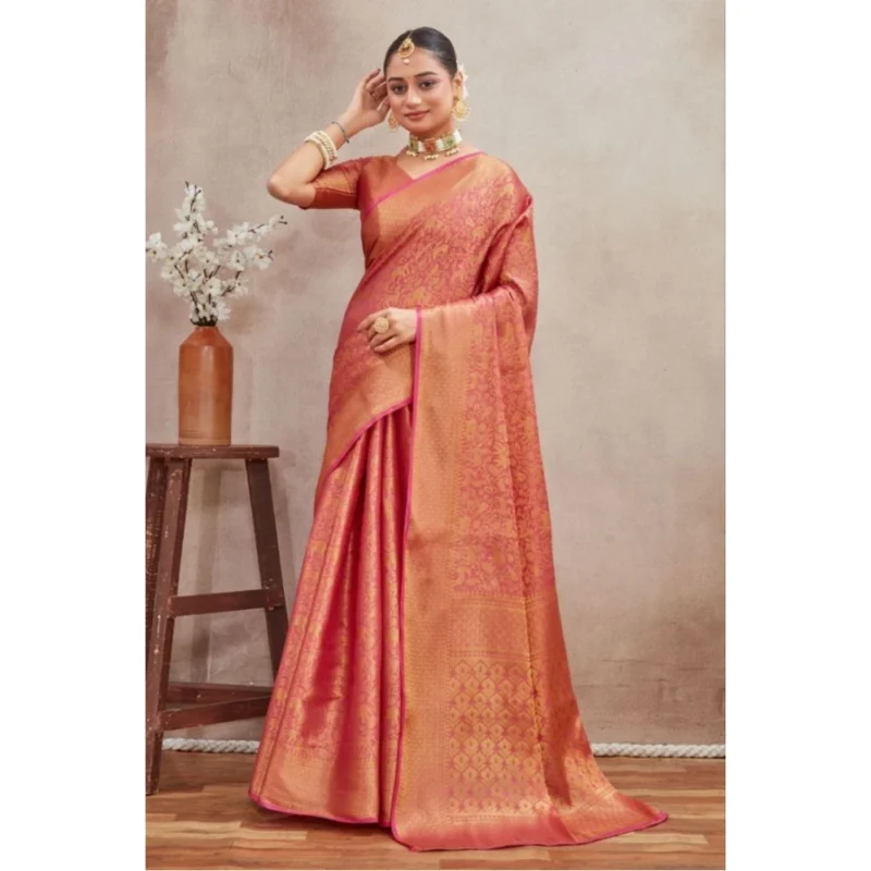 Generic Women's Silk Blend Floral Printed Saree With Unstitched Blouse 5.5Mtr (Peach) - Image 4