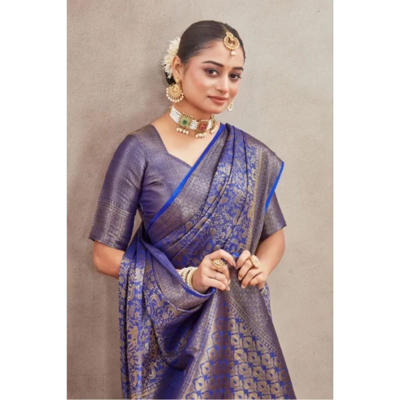 Generic Women's Silk Blend Floral Printed Saree With Unstitched Blouse 5.5Mtr (Royal Blue) - Image 2