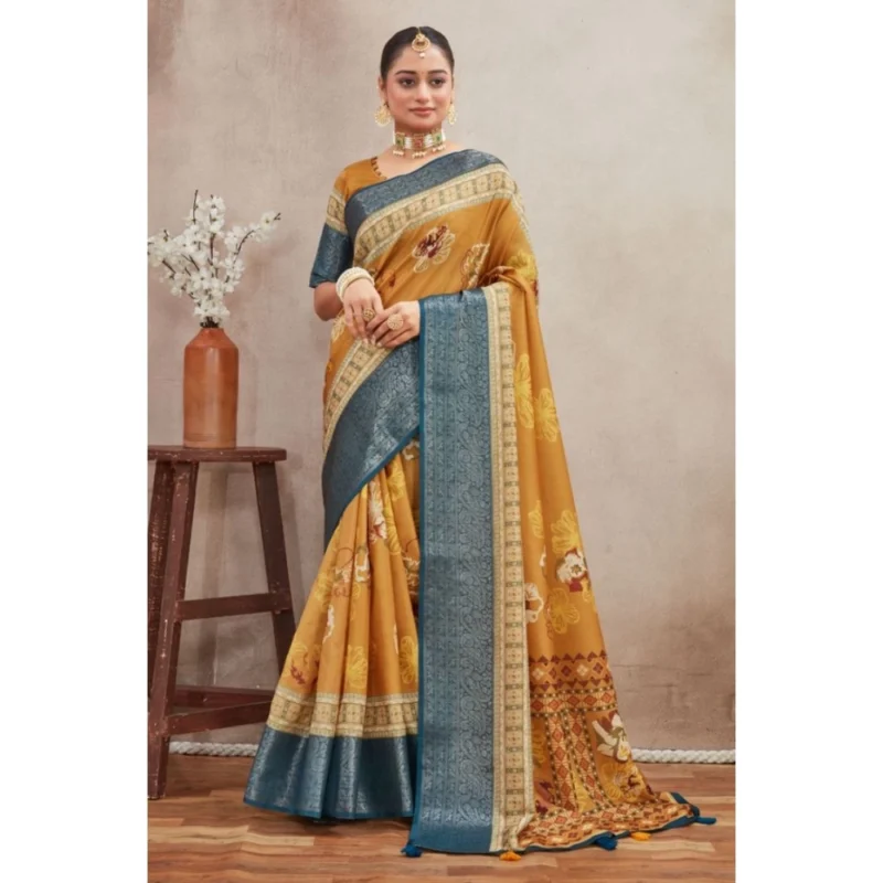 Generic Women's Crepe Silk Printed Saree With Unstitched Blouse 5.5Mtr (Mustard) - Image 4