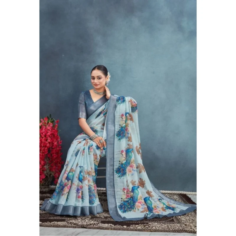 Generic Women's Linen Floral Printed Saree With Unstitched Blouse 5.5Mtr (Grey) - Image 3