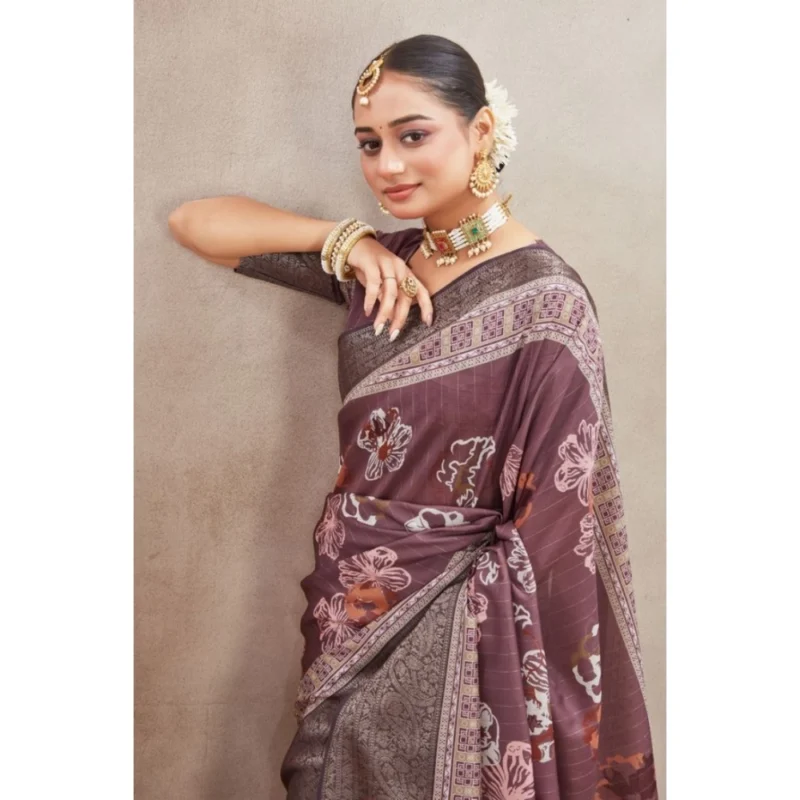 Generic Women's Crepe Silk Printed Saree With Unstitched Blouse 5.5Mtr (purple) - Image 3