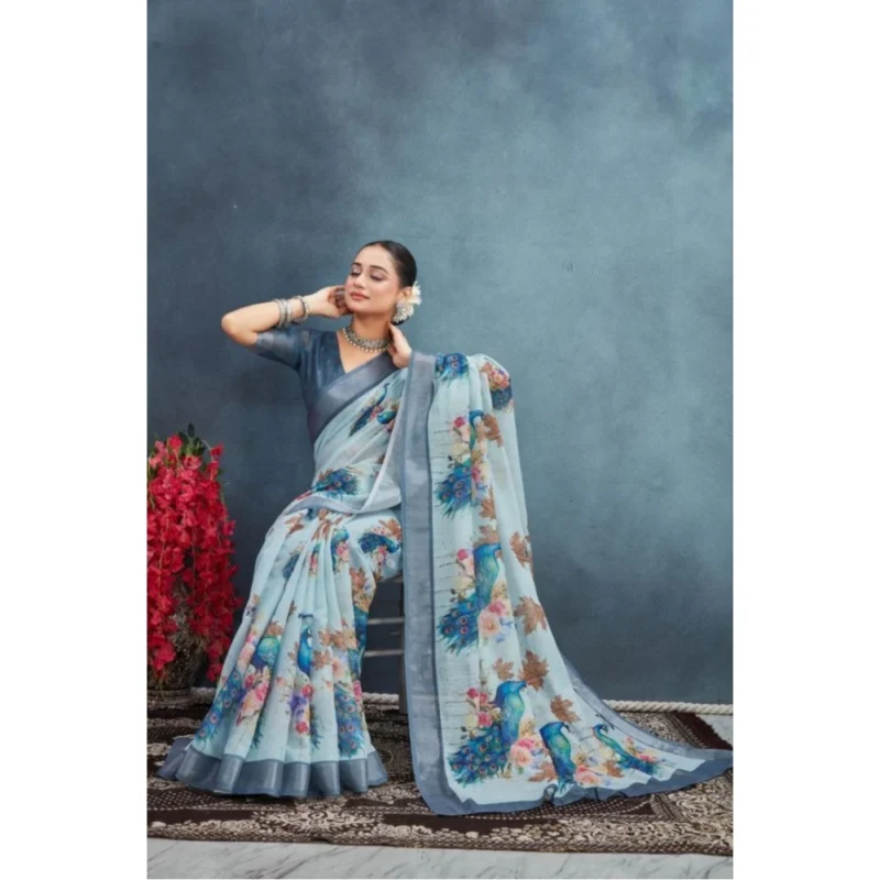 Generic Women's Linen Floral Printed Saree With Unstitched Blouse 5.5Mtr (Grey) - Image 2
