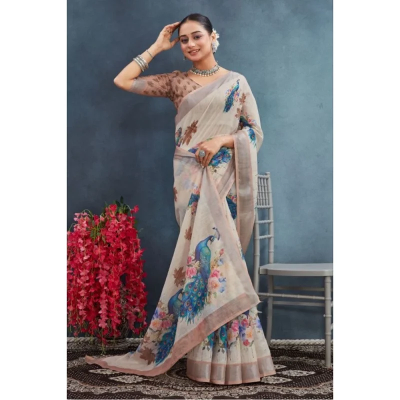 Generic Women's Linen Floral Printed Saree With Unstitched Blouse 5.5Mtr (Beige) - Image 3