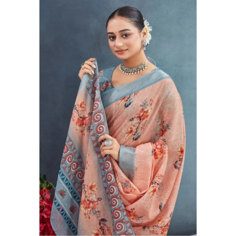 Generic Women's Linen Floral Printed Saree With Unstitched Blouse 5.5Mtr (Orange) - Image 3