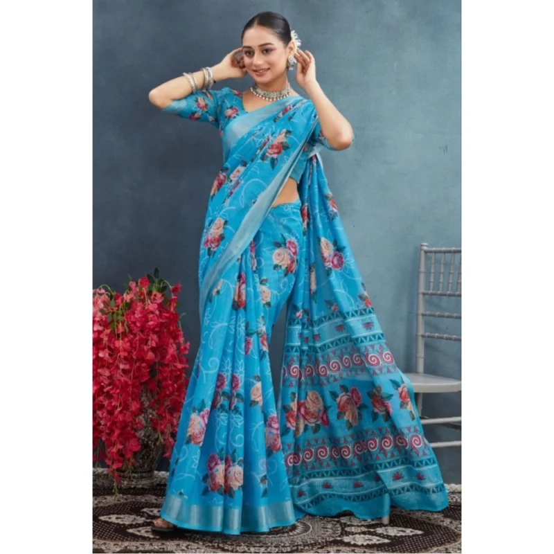 Generic Women's Linen Floral Printed Saree With Unstitched Blouse 5.5Mtr (Blue) - Image 2