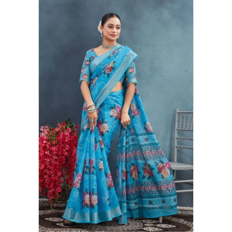 Generic Women's Linen Floral Printed Saree With Unstitched Blouse 5.5Mtr (Blue) - Image 3