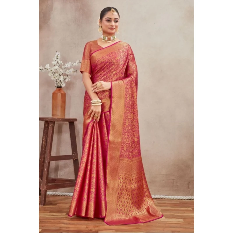 Generic Women's Silk Blend Floral Printed Saree With Unstitched Blouse 5.5Mtr (Pink) - Image 3