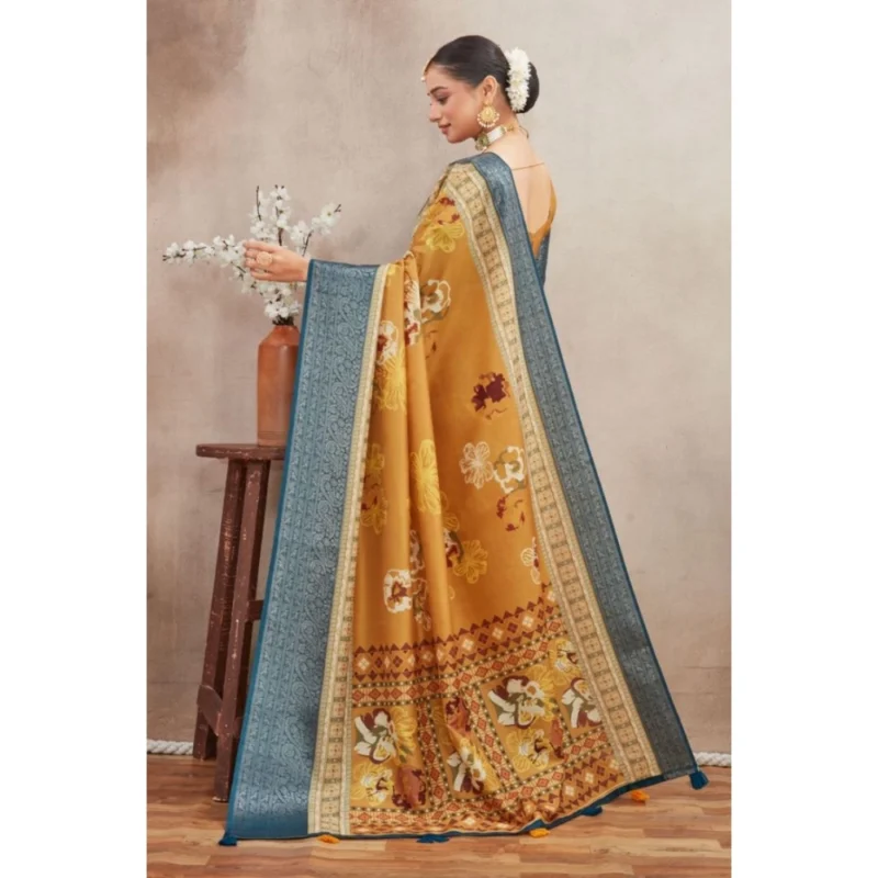 Generic Women's Crepe Silk Printed Saree With Unstitched Blouse 5.5Mtr (Mustard) - Image 2