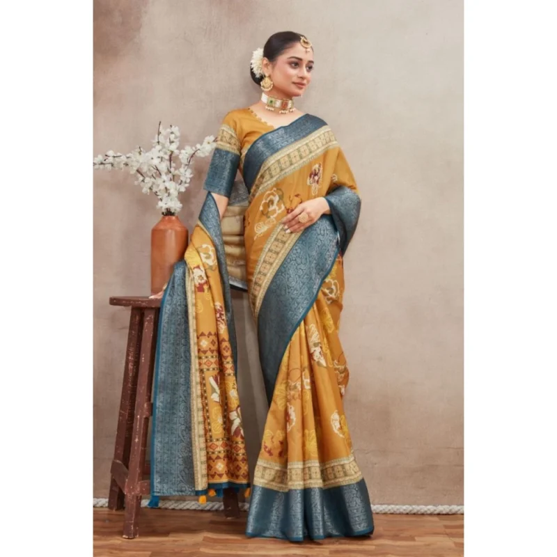 Generic Women's Crepe Silk Printed Saree With Unstitched Blouse 5.5Mtr (Mustard) - Image 3