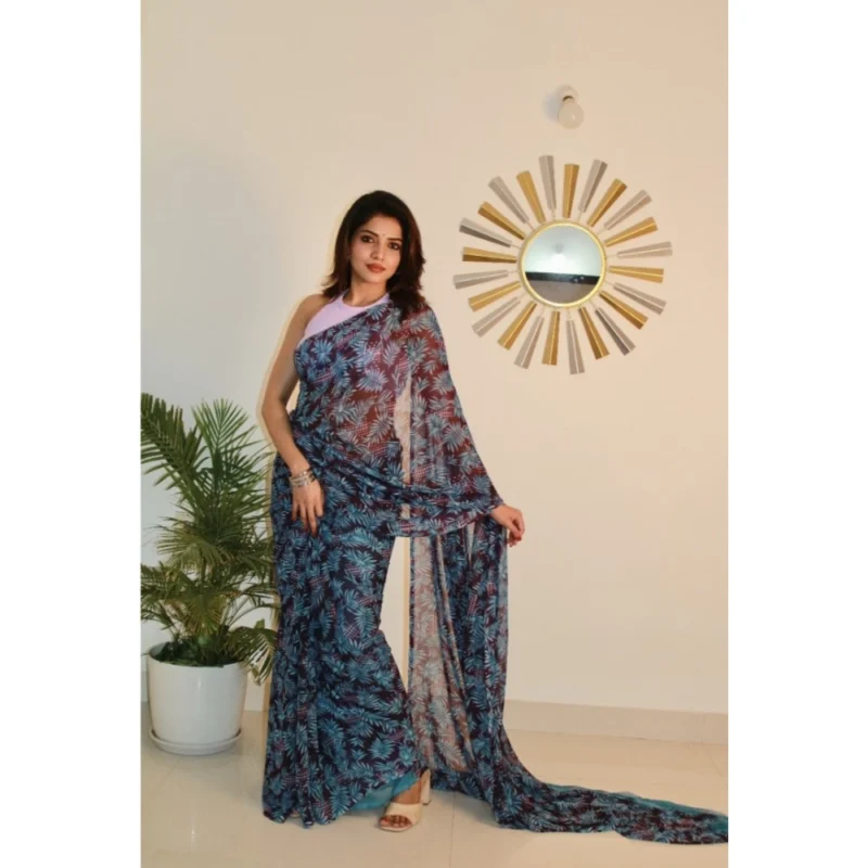 Generic Women's Georgette Printed Saree With Unstitched Blouse 5.5Mtr (Light Blue ) - Image 2