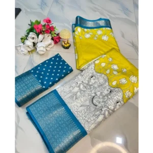 Generic Women's Dola Silk Printed Saree With Unstitched Blouse 5.5Mtr (Yellow )