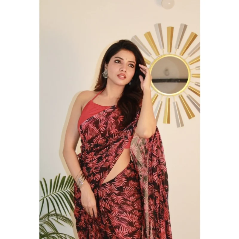 Generic Women's Georgette Printed Saree With Unstitched Blouse 5.5Mtr (Red) - Image 2