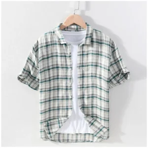 Generic Men's Casual Cotton Checked 3-4th Sleeve Collar Shirt (Blue)