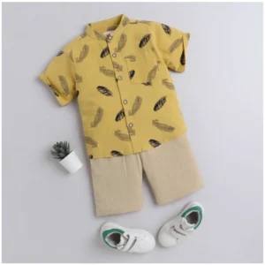 Generic Boy's Cotton Blend Printed Short Sleeve Shirt and Shorts Set (Yellow)