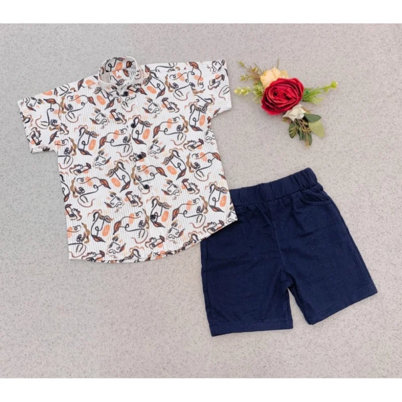 Generic Boy's Cotton Blend Printed Short Sleeve Shirt and Shorts Set (MultiColor)