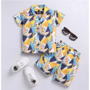 Generic Boy's Lycra Blend Printed Short Sleeve Shirt and Shorts Set (MultiColor)