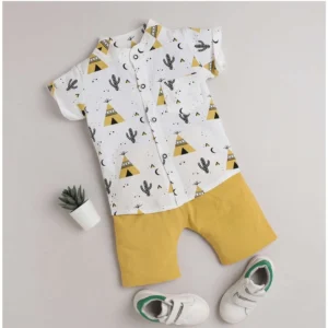 Generic Boy's Cotton Blend Printed Short Sleeve Shirt and Shorts Set (White)