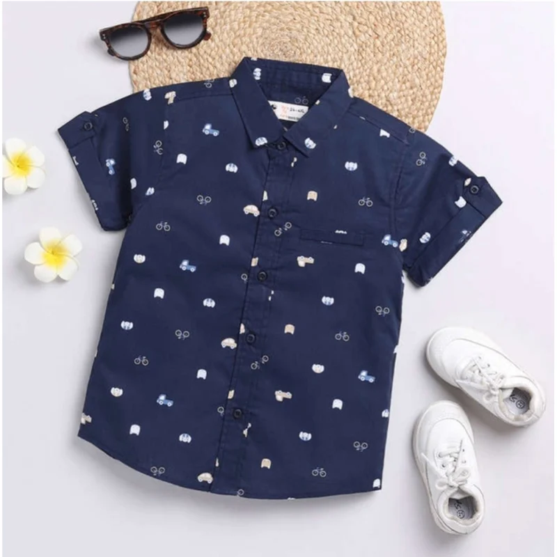 Generic Boy's Cotton Blend Printed Short Sleeve Shirt and Shorts Set (Navy Blue) - Image 3