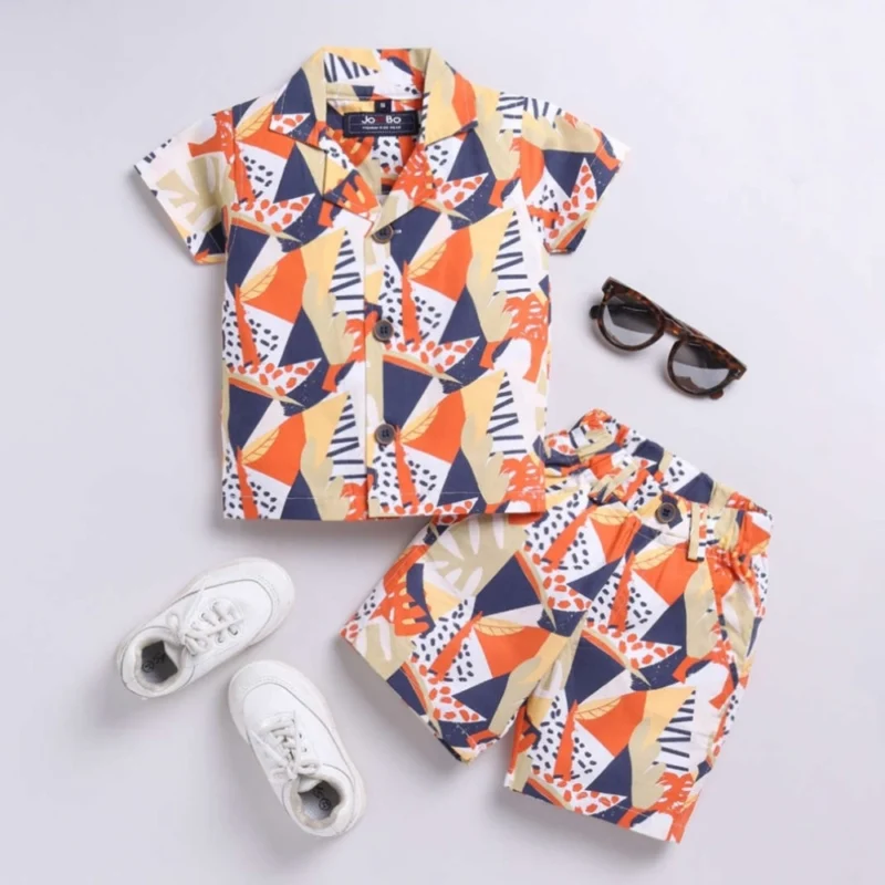 Generic Boy's Lycra Blend Printed Short Sleeve Shirt and Shorts Set (MultiColor)