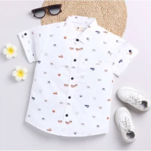 Generic Boy's Cotton Blend Printed Short Sleeve Shirt (White)