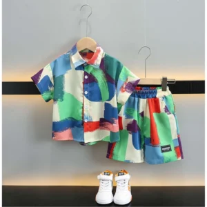 Generic Boy's Lycra Blend Printed Short Sleeve Shirt and Shorts Set (MultiColor)