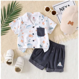 Generic Boy's Lycra Blend Printed Short Sleeve Shirt and Shorts Set (MultiColor)
