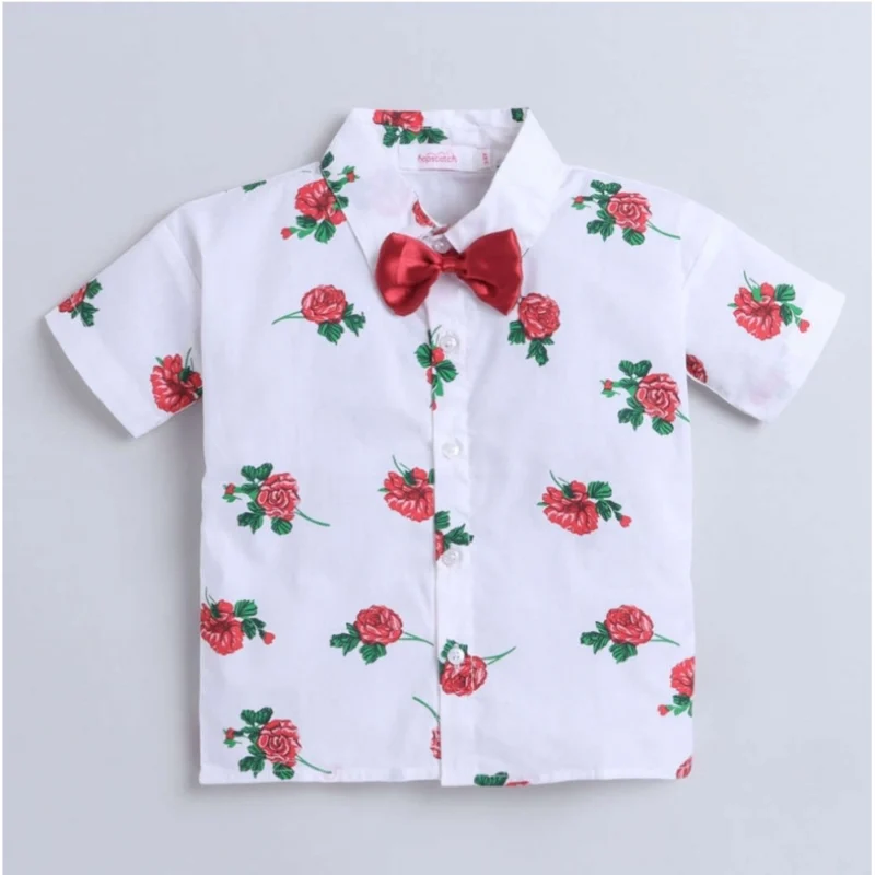 Generic Boy's Cotton Blend Printed Short Sleeve Shirt and Shorts Set (White) - Image 3