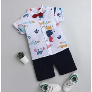 Generic Boy's Cotton Blend Printed Short Sleeve Shirt and Shorts Set (White)