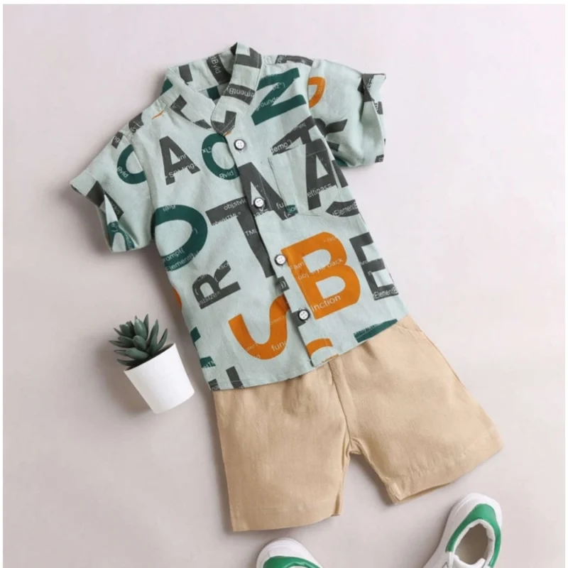 Generic Boy's Cotton Blend Printed Short Sleeve Shirt and Shorts Set (MultiColor)
