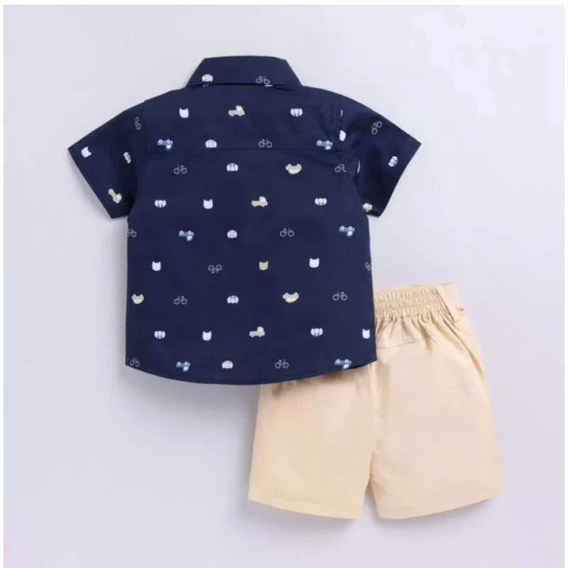 Generic Boy's Cotton Blend Printed Short Sleeve Shirt and Shorts Set (Navy Blue) - Image 4