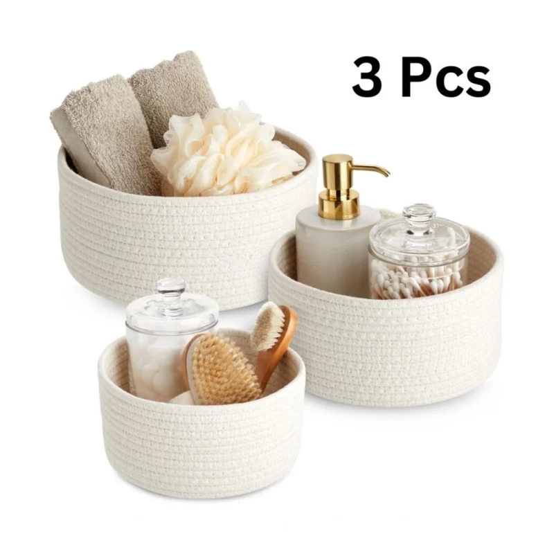 Generic Cotton Round Basket Pack of 3 Storage Basket For Clothes (White) - Image 3