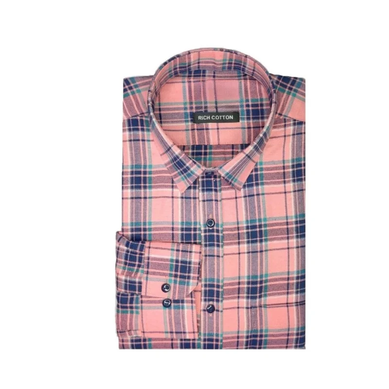 Generic Men's Cotton Lycra Full Sleeve Checked Casual Shirt (Peach)