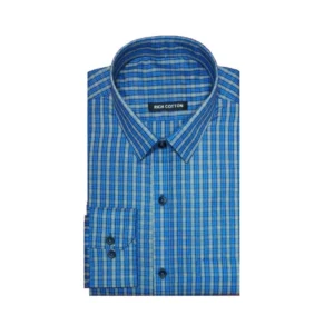 Generic Men's Cotton Lycra Full Sleeve Checked Casual Shirt (Turquoise)