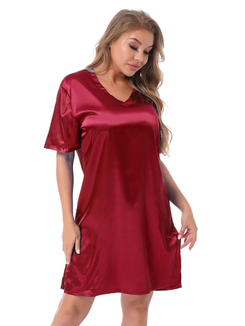 Silk satin sexy Maroon short sleepwear - Image 2