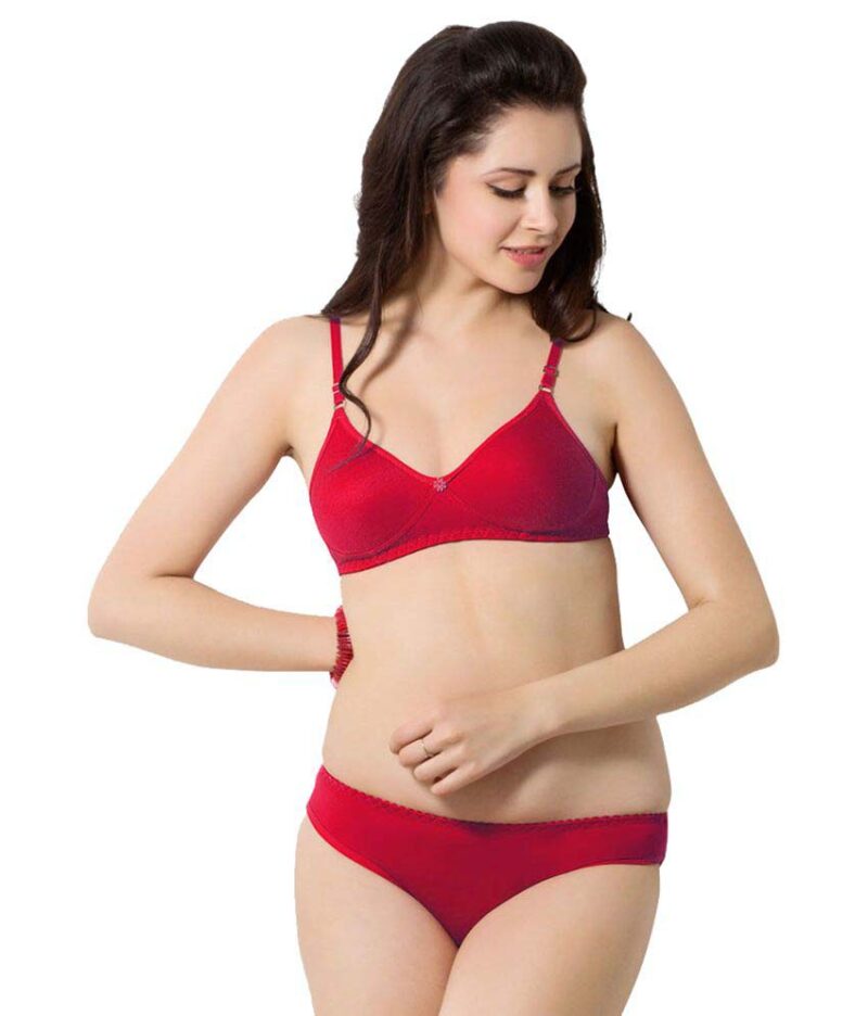 Cute Solid Red Pure Cotton Bra Panty Set - Image 2