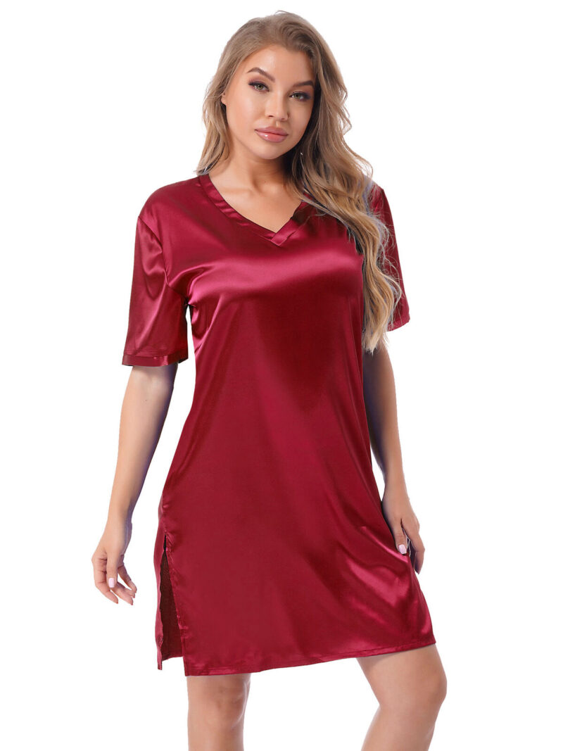 Silk satin sexy Maroon short sleepwear - Image 4