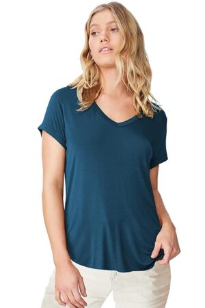 Women Solid Cotton V-Neck Blue T-shirt