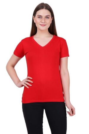 Women Plain V Neck Red T-Shirt