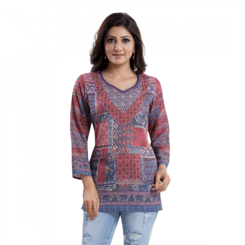 Generic Women's Quarter Sleeve Faux Crepe Printed Short Kurti Tunic Top (Color:Multicolor) - Image 6