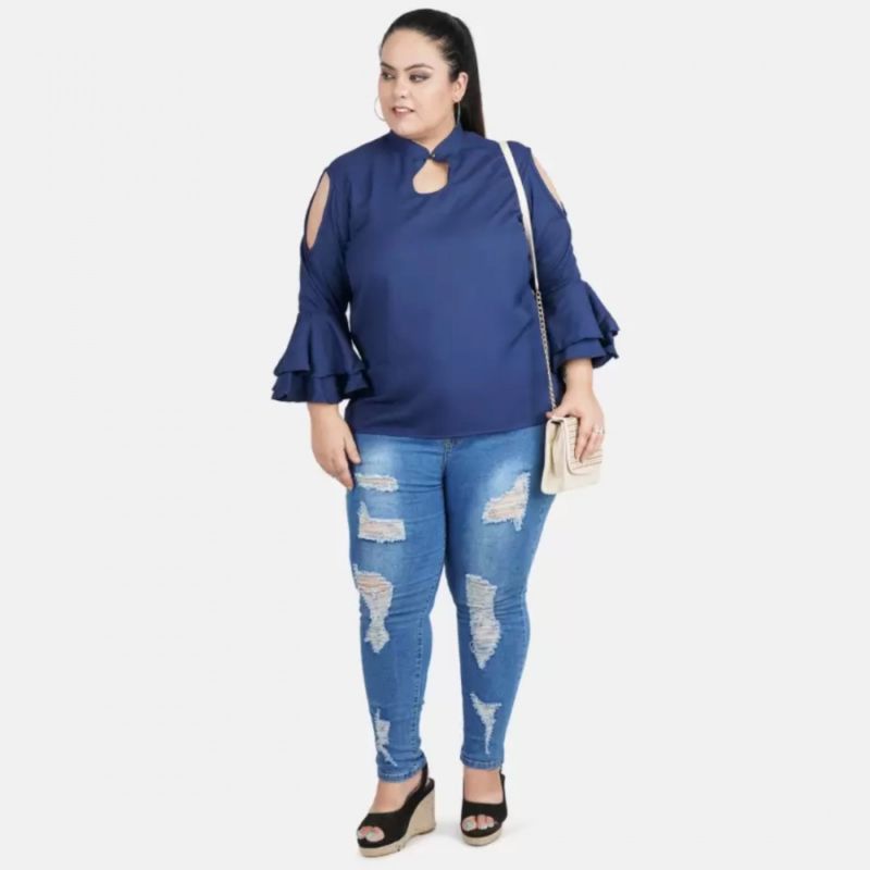 Generic Women's Casual Bell Sleeve Solid Blue Top (Color:Blue, Material:Crepe) - Image 2